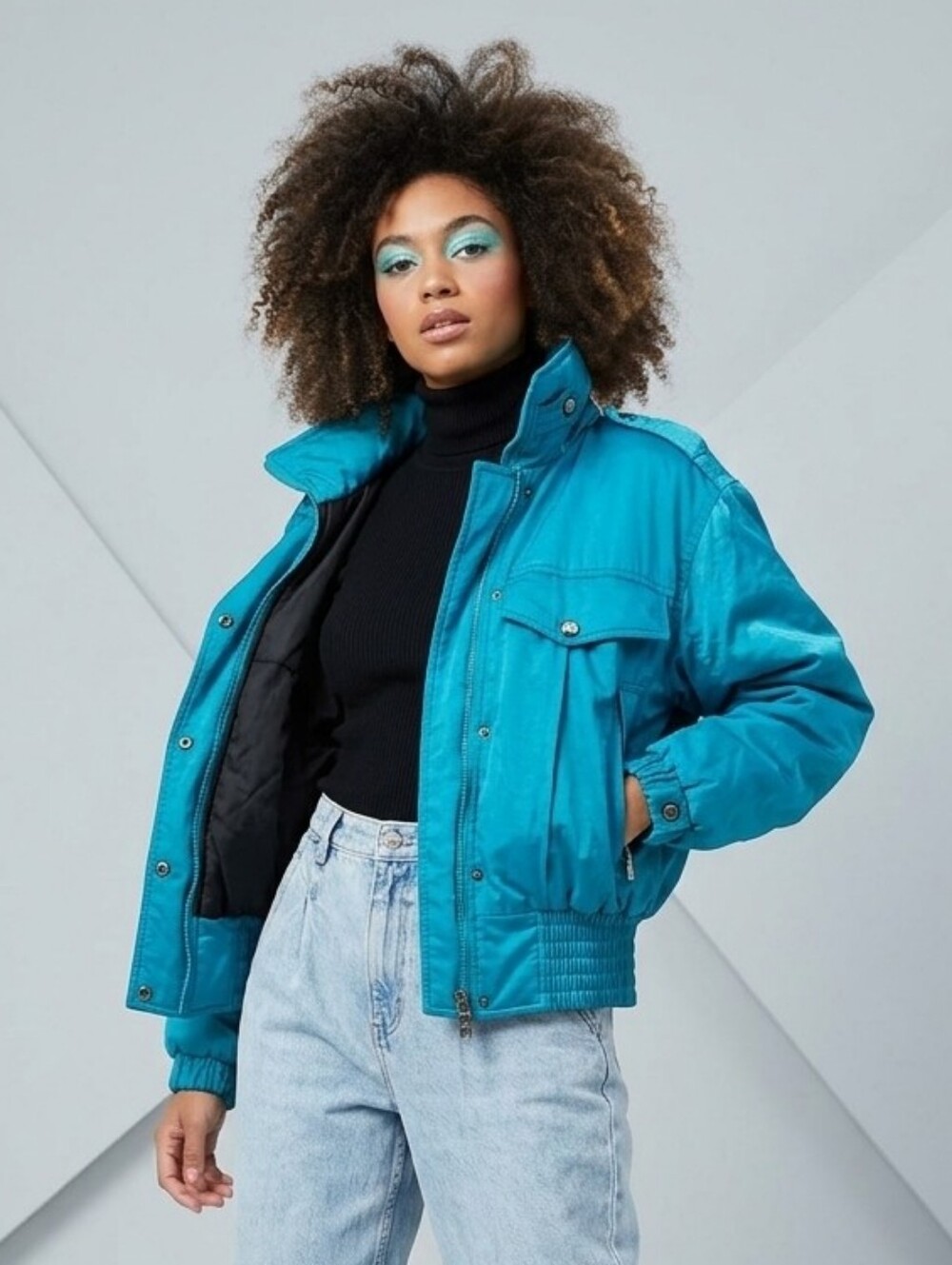 Vintage 80s 90s CB Sports Teal Puffer Ski Jacket Cropped Bomber Retro